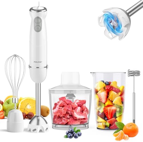 Immersion Blender Handheld 5 in 1 Hand Blender, 1000W Hand Mixer Stick, BPA-Free 12 Speed Handheld Blender with Mixing Beaker, Chopper, Whisk and Milk Frother for Soup, Sauce, Baby Food (White) by Abuler