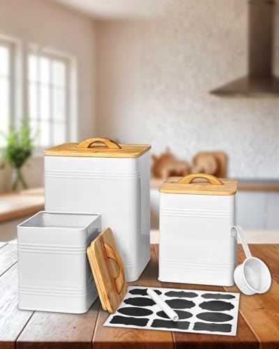 vensovo Kitchen Canister Set of 3 - Large 7 Qt Flour and Sugar Containers Airtight - White Metal Food Storage Jars with Bamboo Lids, Iron Spoon & Erasable Magnetic Labels, Farmhouse Decor for Pantry - Image 2