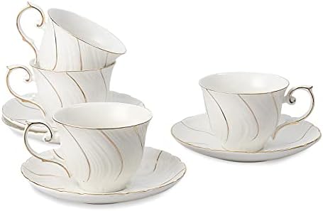 Agyiuns tea cups and saucers ceramic coffee mug 6oz for Coffee, Latte, Cafe Mocha and Tea-Set of 4, White by Agyiuns