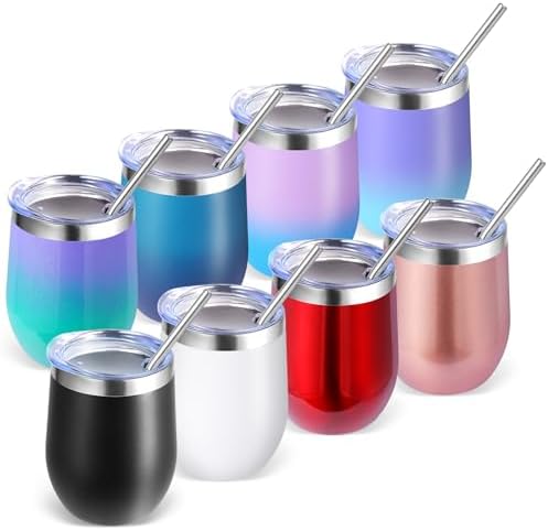 Volhoply 12oz Stainless Steel Wine Tumbler with Lid Bulk 8 Pack,Double Wall Vacuum Stemless Wine Glasses,Reusable Metal Travel Coffe Mug with Straw,Insulated Cups Gifts for Christmas（Assorted,8 Set） by LiveFully%EF%BC%8CDrinkFreely%E2%80%94KeepGoingwithVolhoply%EF%BC%81