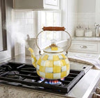 Checkered Tea Kettle for Checkered Kitchen Decor - Yellow and White Tea Kettle for Stovetop - Stylish Enamel Teapot with Wooden Handle - Vintage Classic Teapot with Elegant Lid & Knob- 2.5 Quart - Image 2