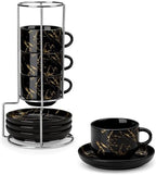MALACASA 8 OZ Porcelain Espresso Cups with Saucers and Metal Stand Set of 4, Stackable Cappuccino Cups, Marble Black Expresso Shots Cup Set for Coffee Drinks, Latte, Tea by MALACASA