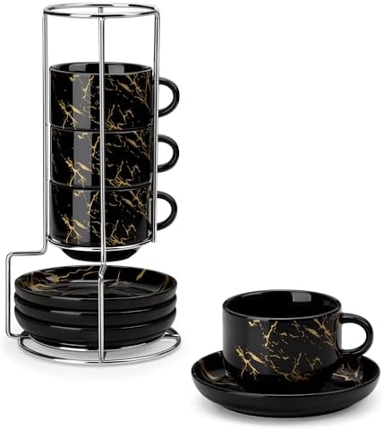 MALACASA 8 OZ Porcelain Espresso Cups with Saucers and Metal Stand Set of 4, Stackable Cappuccino Cups, Marble Black Expresso Shots Cup Set for Coffee Drinks, Latte, Tea by MALACASA