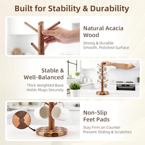Natural Wood Mug Holder for Counter Top, Acacia Wood Coffee Mug Tree - Image 5