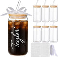 Skylety Personalized Glass Cups with Bamboo Lids and Glass Straws 16 oz Custom Gift Coffee Cups with Name Sticker Ribbon DIY Tumbler Gift for Birthday Proposal Bridal Shower(6 Set,Classic) by Skylety
