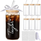 Skylety Personalized Glass Cups with Bamboo Lids and Glass Straws 16 oz Custom Gift Coffee Cups with Name Sticker Ribbon DIY Tumbler Gift for Birthday Proposal Bridal Shower(6 Set,Classic) by Skylety