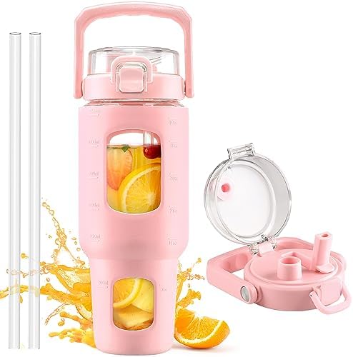 BLUEGO 40oz Glass Tumbler with Lid and Straw, Glass Water Bottles with Handle, Glass Cup with Time Marker and Silicone Sleeve, Fits Most Cup Holder, Leak-proof, Pink by BLUEGO