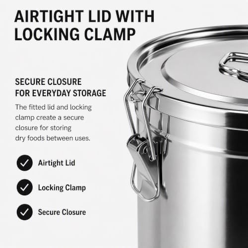 12L/2.64gal Stainless Steel Airtight Canister, Food Storage Canisters with Airtight Lid&Locking Clamp, Rice Container Cereal Grain Canisters, Storager Bucket for Flour, Coffee Bean, Sugar, Cookie - Image 2