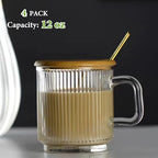 Mfacoy 4 PACK Glass Coffee Mugs with Handle & Spoon, 12 OZ Glass Coffee Cups with Bamboo Lid, Ribbed Glass Cups, Clear Tea Cup for Hot/Cold Beverages, Glassware Set for Americano, Latte, Cappuccino - Image 2