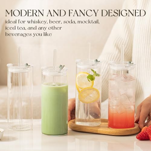 KEMORELA 6-Pack 18oz Large Round Glass Cups with Lids & Straws – Clear Tumblers for Iced Coffee, Juice, Smoothies – Reusable, Leakproof Beverage Set - Image 4