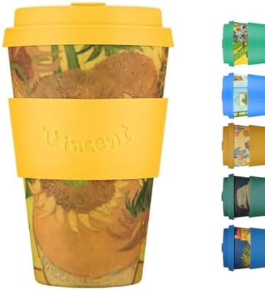 Ecoffee Cup 14oz (400ml) Van Gogh Reusable Coffee Cup – PLA Plant-Based Travel Mug with Silicone Lid, Melamine Free & Dishwasher Safe – Sunflowers by EcoffeeCup