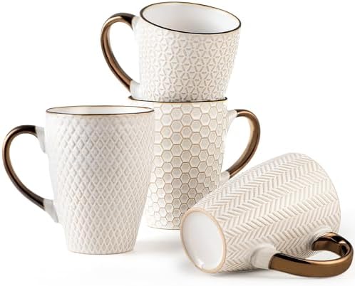 Ceramic Coffee Mug Set - 16 Oz Large Coffee Mugs - Embossed Stoneware Cup by Gooditour