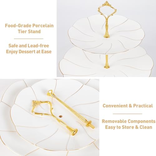 DUJUST 22 pcs Porcelain Tea Set for 6 ＆ Larger 2-Tier Cupcake Stand Tower, Luxury British Style Tea/Coffee Cup Set with Golden Trim, Food Grade Dessert Display Stand for Tea Party - White - Image 5