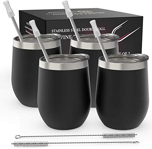 CHILLOUT LIFE 12 oz Stainless Steel Wine Tumblers 4 Pack - Double Wall Vacuum Insulated Wine Cups with Lids and Straws Set for Coffee, Wine, Cocktails - Powder Coated Black by CHILLOUTLIFE