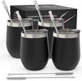 CHILLOUT LIFE 12 oz Stainless Steel Wine Tumblers 4 Pack - Double Wall Vacuum Insulated Wine Cups with Lids and Straws Set for Coffee, Wine, Cocktails - Powder Coated Black by CHILLOUTLIFE