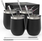 CHILLOUT LIFE 12 oz Stainless Steel Wine Tumblers 4 Pack - Double Wall Vacuum Insulated Wine Cups with Lids and Straws Set for Coffee, Wine, Cocktails - Powder Coated Black by CHILLOUTLIFE