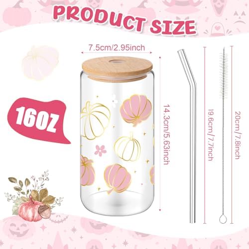 6 Pack Fall Pink Pumpkin Glass Cups with Lids and Straws 16oz - Image 3