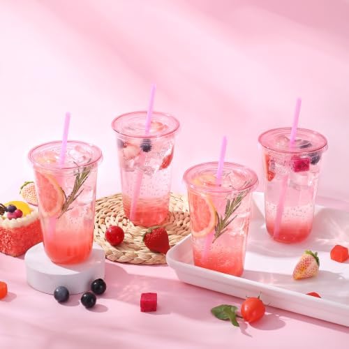 tchrules 100 Set 18oz Pink Plastic Disposable Cups with Lids and Straws - Image 3