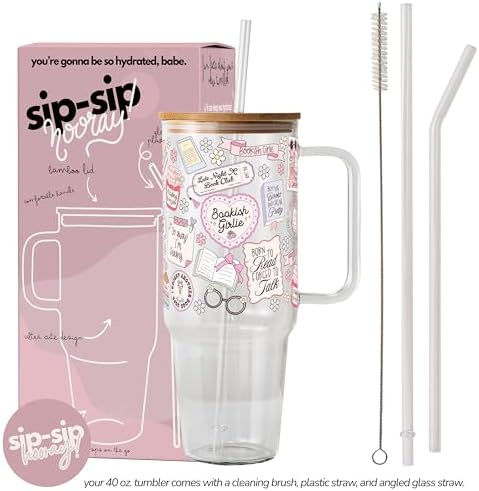 Sip-Sip Hooray! Bookish Girlie 40oz Glass Tumbler with Lid and Straw - Image 2