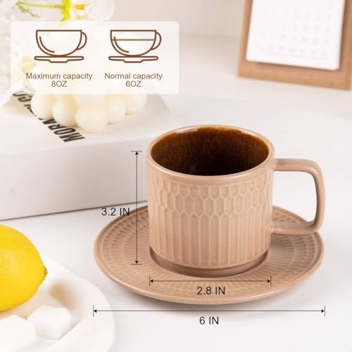 8oz Cappuccino Cups with Saucers Set of 4, 8 Ounce Stackable Embossed Ceramic Coffee Mugs for Specialty Coffee Drinks, Latte Mugs, Cafe Mocha and Tea, Dishwasher & Microwave Safe (Mix) - Image 2