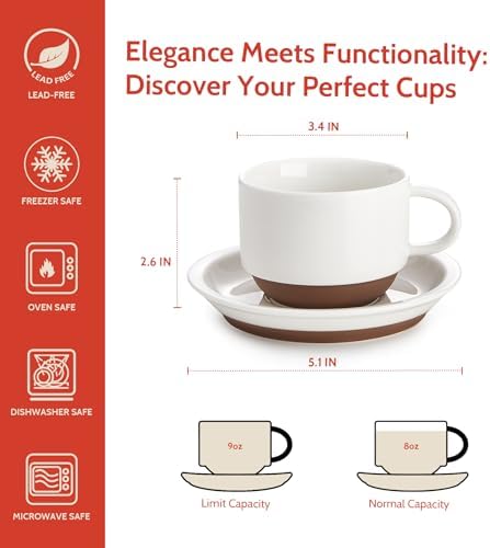 Sweese 8 Ounce Cappuccino Cups Set of 4, Porcelain Stackable Coffee Cups with Saucers and Metal Stand, Earthy Spectrum - Image 2