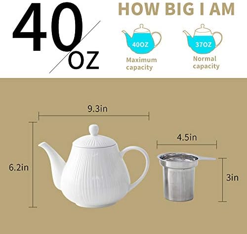 KOOV Ceramic Teapot with Infuser, 40 ounce Tea Pot with Infuser for Loose Tea, Large Enough For 6 Cups, Tea Kettles, Non-Electric (Cream) - Image 3