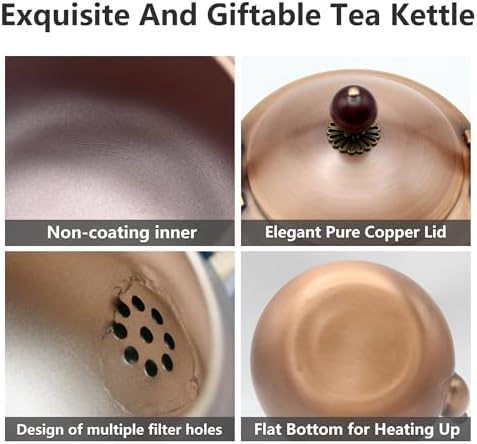 50.7oz Copper Tea Kettle for Stovetop Safe, Chinese Style Non-Coating Pure Copper Teapot with Filter Holes and Tea Ball for Loose Tea, Handmade Solid Metal Tea Pot with Non Slip Handle(1500ml) - Image 5