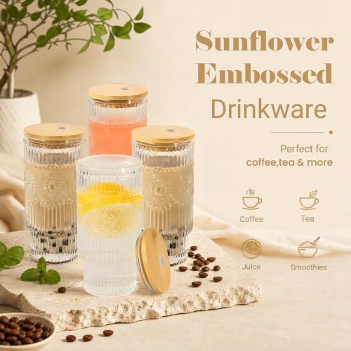 Sunflower Glass Cups with Lids and Straws 16 oz Drinking Glasses Set - Image 4