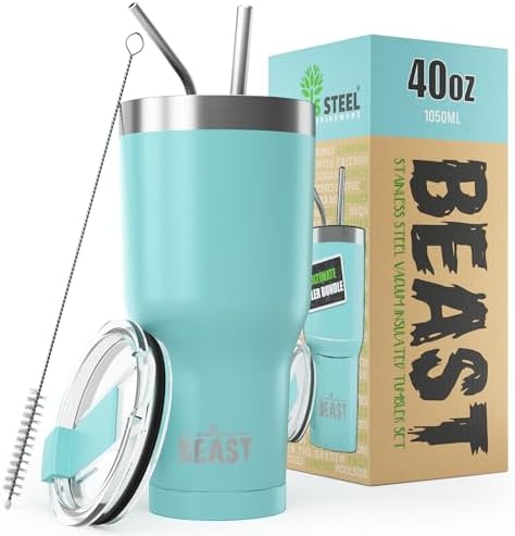 Beast 40 oz Tumbler Stainless Steel Vacuum Insulated Coffee Ice Cup Double Wall Travel Flask (Aquamarine Blue) by GreensSteel