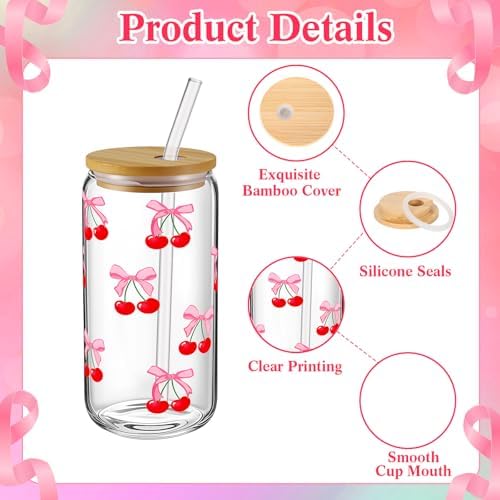 6 Pcs Pink Bow Cherry Glass Cups with Lids and Straws 16 oz - Image 3