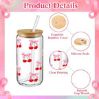 6 Pcs Pink Bow Cherry Glass Cups with Lids and Straws 16 oz - Image 3
