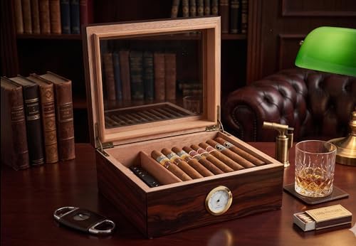 Cigar Humidors Storage 25-50 Cuba Cigars Case, Tempered Glass Top Display, Handcraft Spanish Cedar Wood Desktop Cigar Box with Divider, Humidifier and Hygrometer, Gift for Man, Macassar Brown - Image 2
