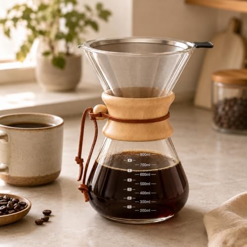 Pour Over Coffee Maker, 800ml Glass Carafe with Steel Filter & Wood Collar - Image 2