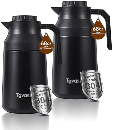 2 PCS Thermal Coffee Carafe Insulated Stainless Steel Coffee Carafe for Hot Liquid Vacuum Thermal Pot Creamer Pitcher Dispenser Keeping Hot Water Milk(Black/Black 68 oz) by Tgvasz
