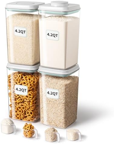 Ankou Airtight Food Storage Container with Pop Lid & 130ml Scoop, 4L/4.2qt *4 BPA-Free Cereal, Rice, Flour, Pasta & Snack Container, Stackable & Durable,Kitchen Pantry Organizer by ANKOU