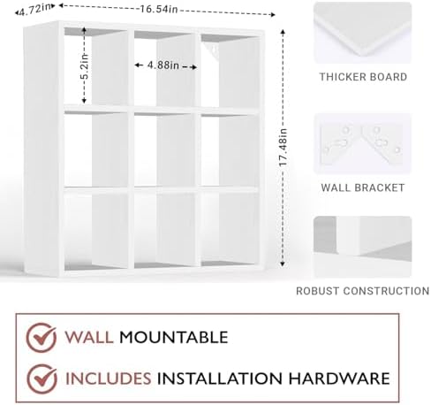 Helsin 9 Grid Vintage Coffee Mug Display Rack, 16inch Wall Mounted Wooden Curio Shadow Box Shelf, Cup Floating Shelves Display and Organizer (White) - Image 3