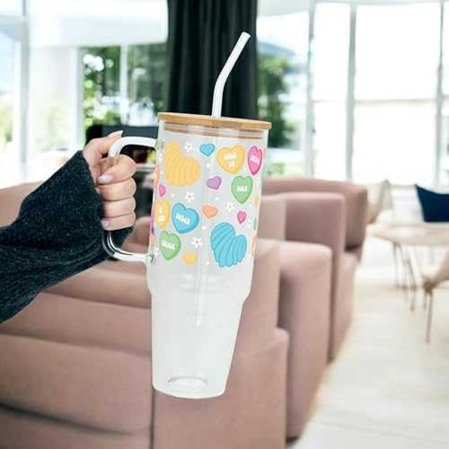 Sip-Sip Hooray! Conversation Heart Candy 40oz Glass Tumbler with Lid - Image 3