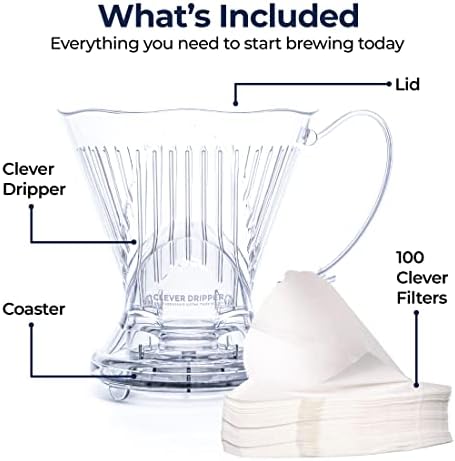 Clever Coffee Dripper and Filters, Large 18 oz, Original Classic Design, Safe BPA Free Plastic, dripper coffee maker, drip coffee maker pour over, 100 filters, coaster and lid, 18 oz (Clear) - Image 2