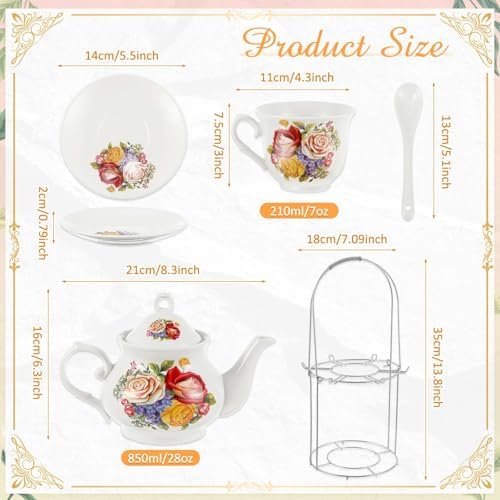 Zhehao 20 Pcs Porcelain Tea Set for Adult, with Metal Holder, Floral - Image 2