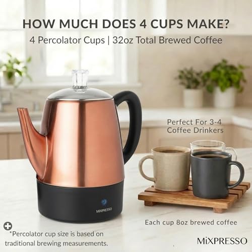 Mixpresso 4 Cup Copper Small Electric Percolator Coffee Pot Stainless Steel - Image 5