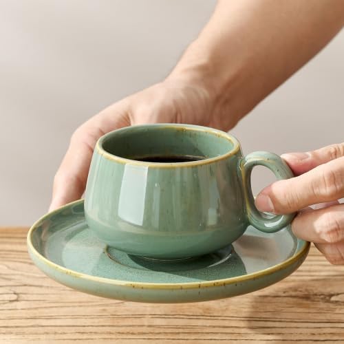 LUKA 7.77 oz Ceramic Cappuccino Cups with Saucers and Metal Stand, Set of 4 Large Unique Porcelain Coffee Cup for Latte, Cafe Mocha, Tea, Espresso, Dishwasher Safe, Wild Sage Earth Speckle - Image 6