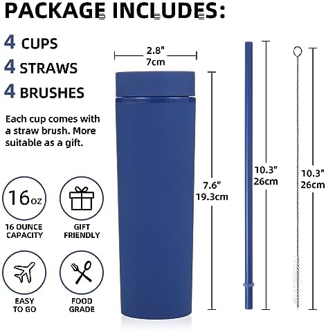 Volhoply 16oz Plastic Skinny Tumbler with Lid and Straw Bulk 8 Pack,Insulated Double Wall BPA Free Matte Acrylic Tumblers,Iced Coffee Travel Mug Reusable Party Cup,Customizable Diy Gifts(Navy,8 Set) - Image 2