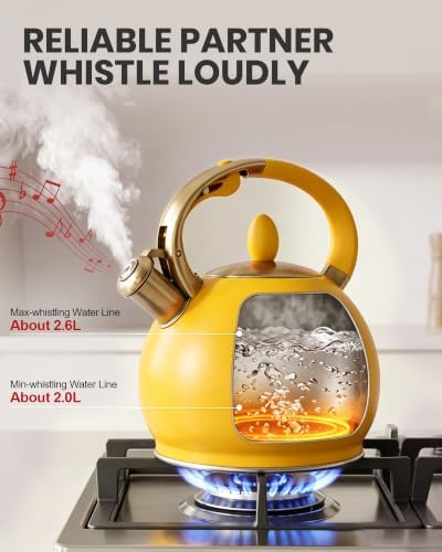 Whistling Tea Kettle Stovetop Stainless Steel, 2.64 Quart （Yellow） - Image 4