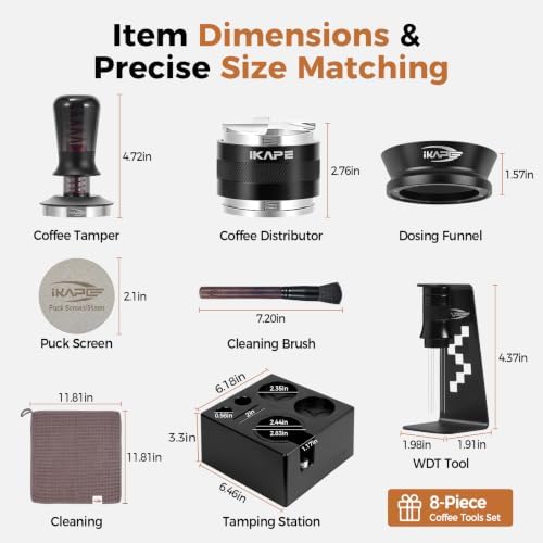 IKAPE 58mm Black Espresso Tool Set 8 IN 1, Coffee Tamper, Distributor, Magnetic Funnel, Puck Screen, Tamper Station, Stirrer Distribution Tool, Cleaning Towel and Brush - Image 2