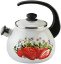 Enamel Kettle with Whistle 2.7 Qt (2.5 L) Stovetop Kettle with Ergonomic Handle, Enameled Steel Tea Pot for Stove Top, Vintage Kitchen Tea Kettle, Dishwasher and Induction Safe (Strawberry) by STP-Goods