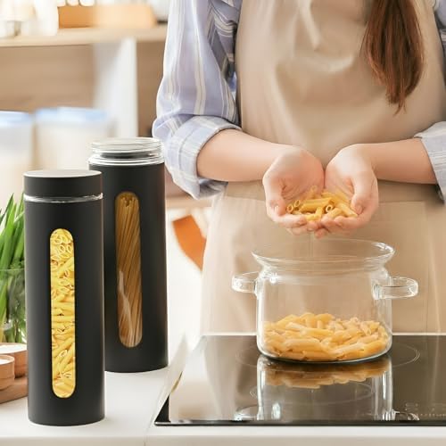 Mimorou 3 Pcs Stainless Steel Canister Set with Glass Windows Visible Storage Jars Silver Kitchen Canister Set for Pasta Flour Oat Sugar Container, Kitchen Tools, Housewarming Gifts(Black,60 oz) - Image 5