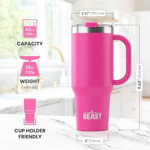 Beast 42 oz Tumbler with Handle Stainless Steel Vacuum Insulated Coffee Ice Cup Double Wall Travel Flask (Cupcake Pink) - Image 6