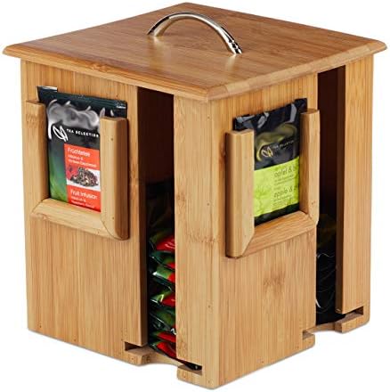 Relaxdays Tea Box, Rotating Tea Box with Removable Lid, 4 Compartments for Approx. 160 Tea Bags, HBT 20.5 x 18 x 18 cm, Natural by Relaxdays