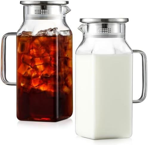 Netany 2 Pack 1.2 Liters/40 oz Small Square Glass Pitcher with Lid and Handle for Fridge, Iced Tea and Coffee Carafe Storage Container, Resistant to Hot and Cold Borosilicate Jug by NETANY