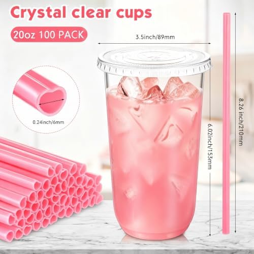 Ziliny 100 Sets 20 oz Clear Plastic Cups with Heart Shaped Straws and Lids - Image 3